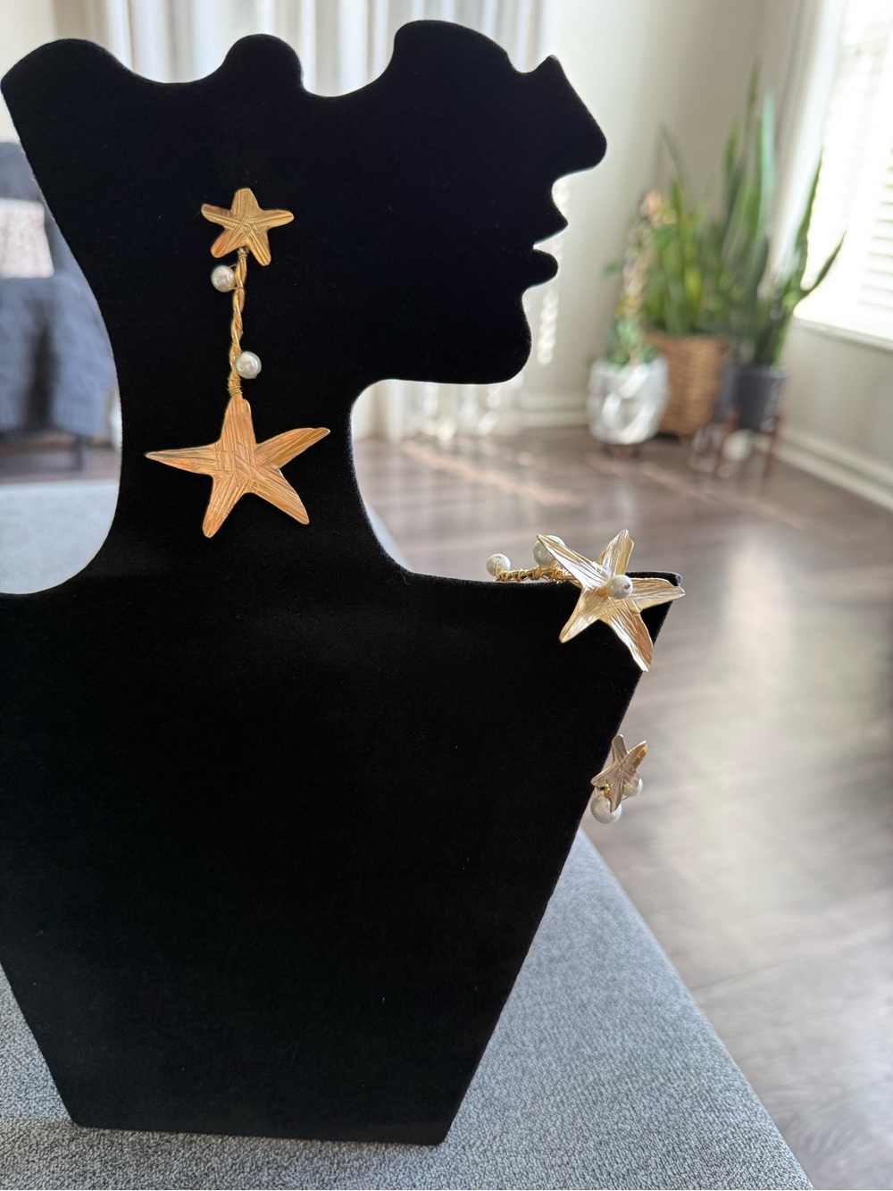 Gold Starfish Pearl Drop Earrings and Bracelet Set